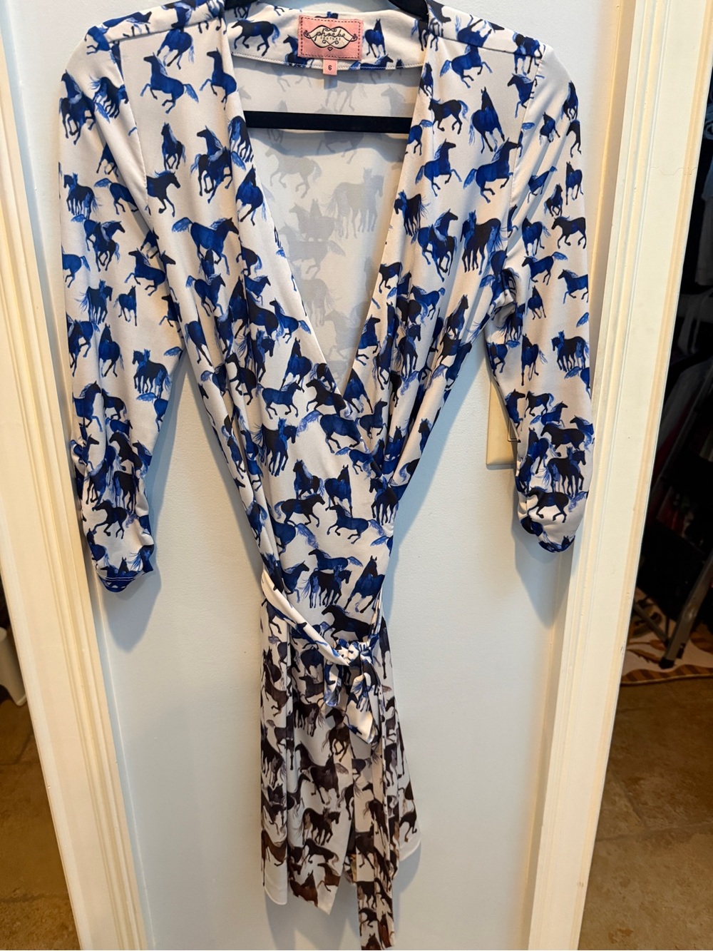 Phoebe Couture White Wrap Dress with Blue Horse Print size 6